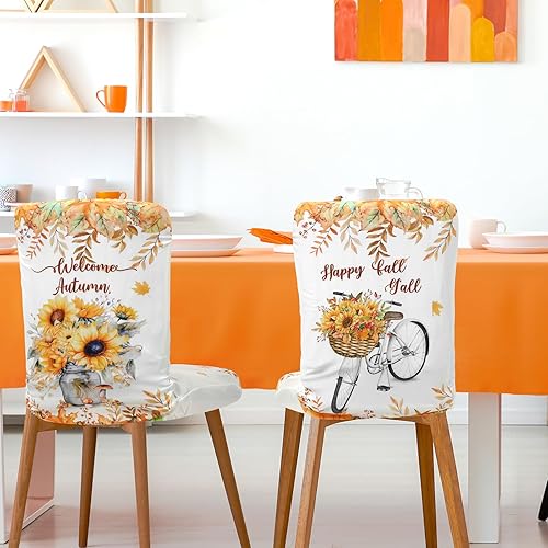 Vista 5 de Preboun Juego de 6 fundas para sillas de otoño, para Acción de Gracias, elásticas, extraíbles y lavables, diseño de calabaza, girasol, hojas