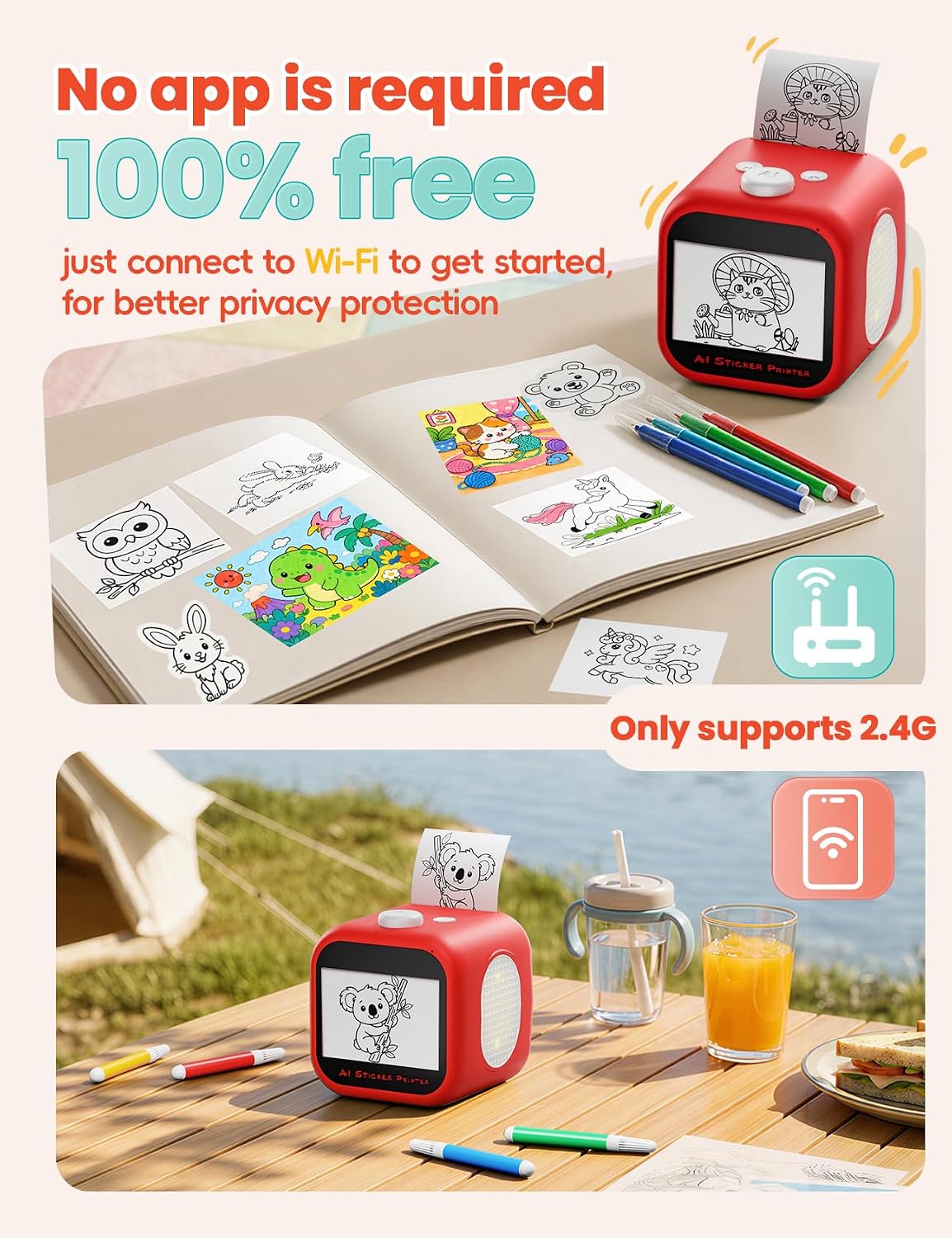 AI Sticker Maker for Kids, Voice‑to‑Sticker Printer Box with Touchscreen
