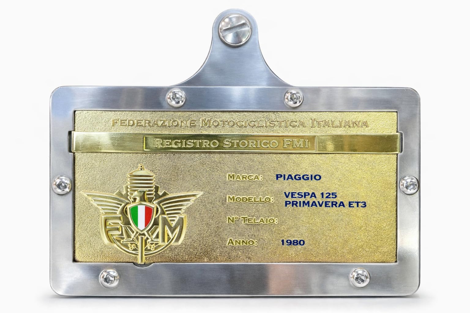 Supporto targa Oro FMI con rilievo. Adatto a Vespa e universale per moto d'epoca