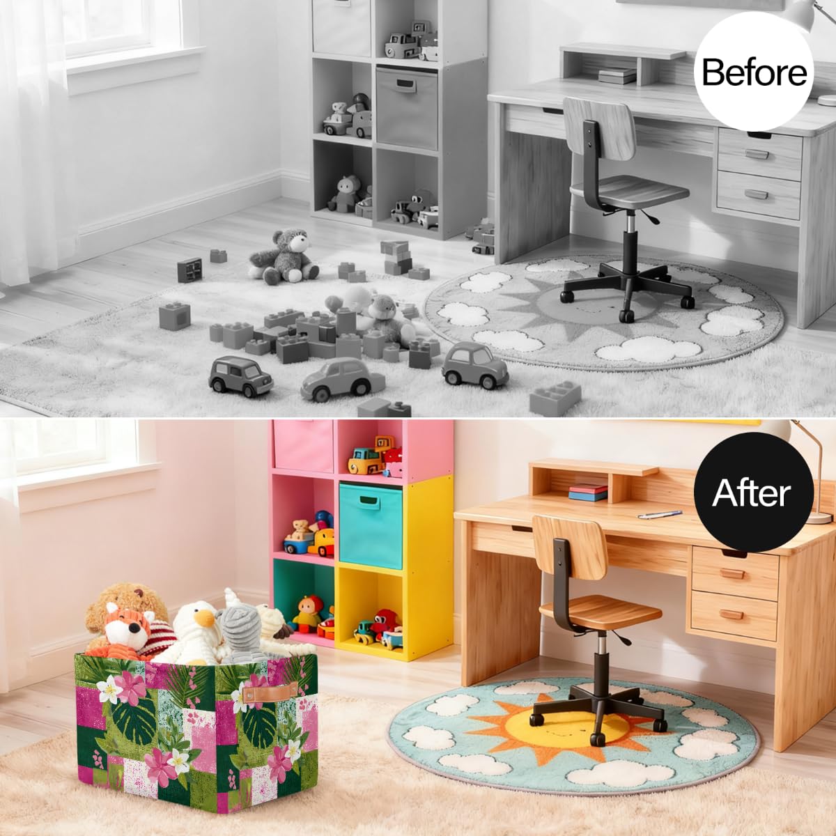 Rechteckiger Aufbewahrungskorb mit tropischen Hibiskus- und Plumeria-Blättern, mit Ledergriffen, faltbarer Stoff-Aufbewahrungskorb für Schrank, Badezimmer, Wohnzimmer, Büro, Spielzeug, Organizer