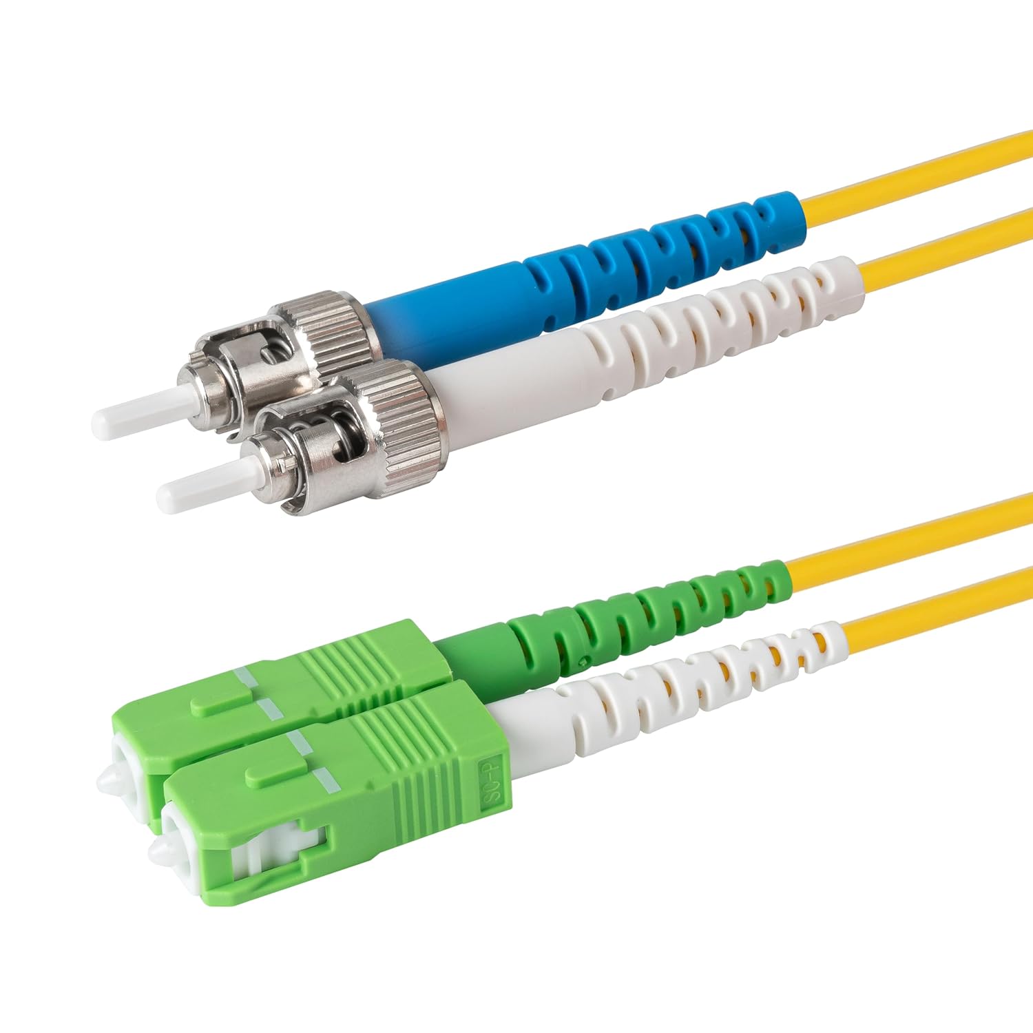 SpeedyFiberTX 1-Pack 6 Meter SC/A to ST/U Fiber Optic Patch Cable, Green, Blue, and White Boots, Corning SMF-28 Ultra Single-Mode 9/125um Optical Fiber, Duplex Yellow Riser OFNR Cable Jacket