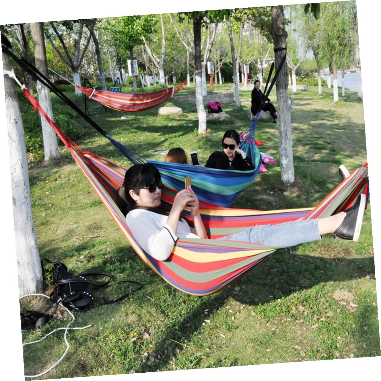 Double Thickened Canvas Outdoor Hammock with Two Binding Ropes and Carry Bag Lightweight Camping Swing Chair in Red for Travel Backpacking Relaxation