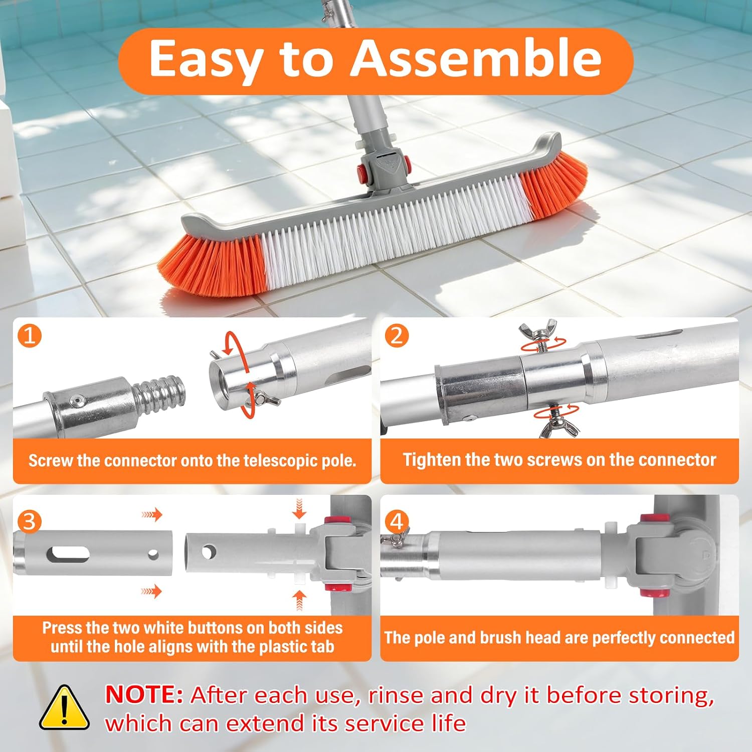 16FT Pool Brush with Pole, 18" Heavy Duty Swimming Pool Brush with 4-16FT Aluminum Telescopic Pole, Pool Scrubber Brush Head with Universal Adapter for Cleaning Pool Walls, Corners, Floors