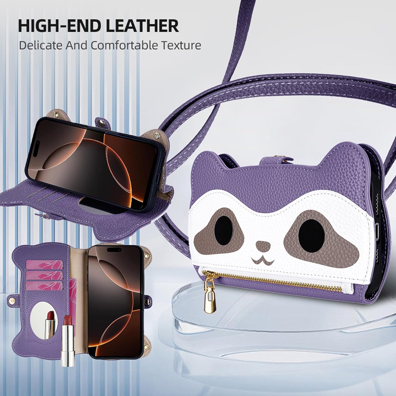 Crossbody Wallet Case for iPhone 15 Leather Flip Cases with Card Holder&Hidden Mirror&Shoulder Strap Zipper Magnetic Kickstand Shockproof Raccoon's Cover for Women(Purple)
