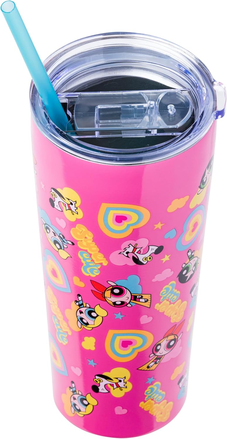 Silver Buffalo The Powerpuff Girls Featuring Bubbles, Blossom, Buttercup, and The Talking Dog Double Walled Stainless Steel Tumbler with Straw, 22 Ounces - Image 3