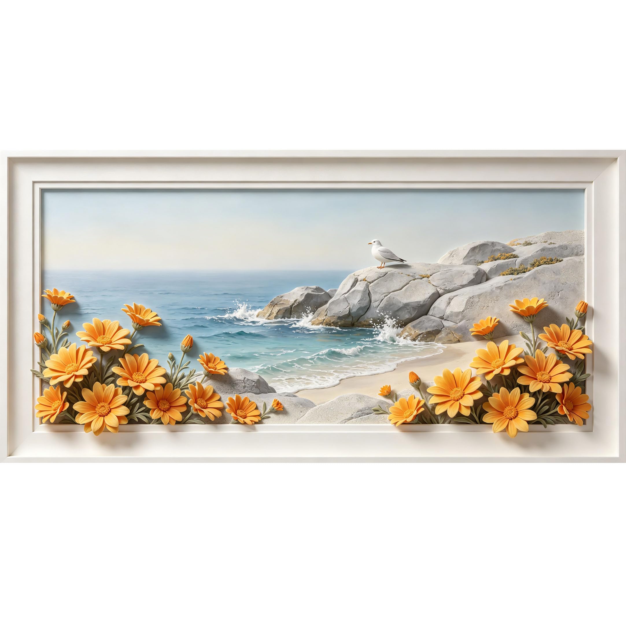 Agglomerix 3D Framed Wall Art Coastal Seaside Rocks Waves Yellow Daisies Seagull Large Size Self-Adhesive Removable Wall Decor Prints Artwork for Living Room Bedroom Office