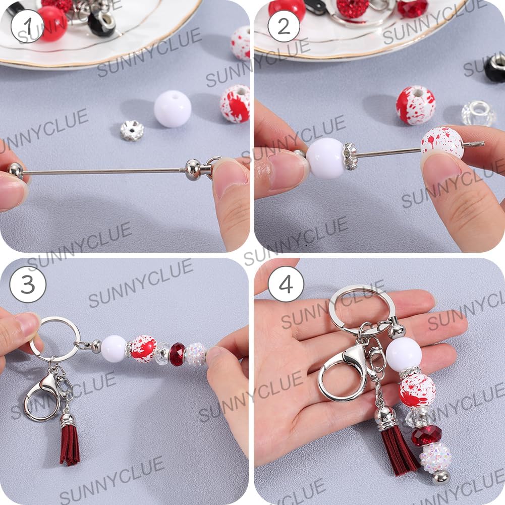 SUNNYCLUE DIY 10 Sets Keychain Making Set Halloween Beaded Keychain Bar Bulk Blood Beads Knife Charm Black Red Polymer Clay Rhinestone Beads for Keychains Women Adults Gift Party Favor Supplies