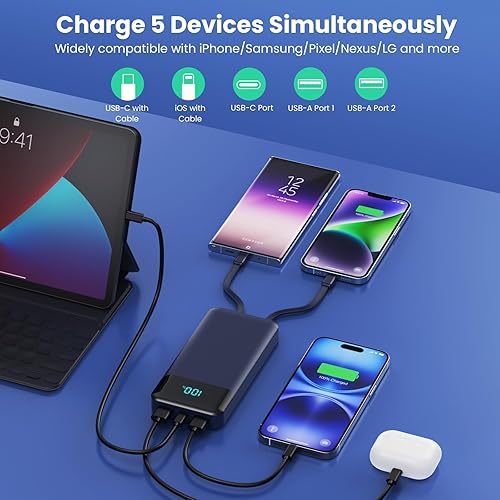 Miniatura 4 de Cargador portátil de 40800 mAh con 3 cables incorporados, PD 25 W USB C entrada y salida cargador de teléfono rápido, QC4.0 5 salidas de viaje,