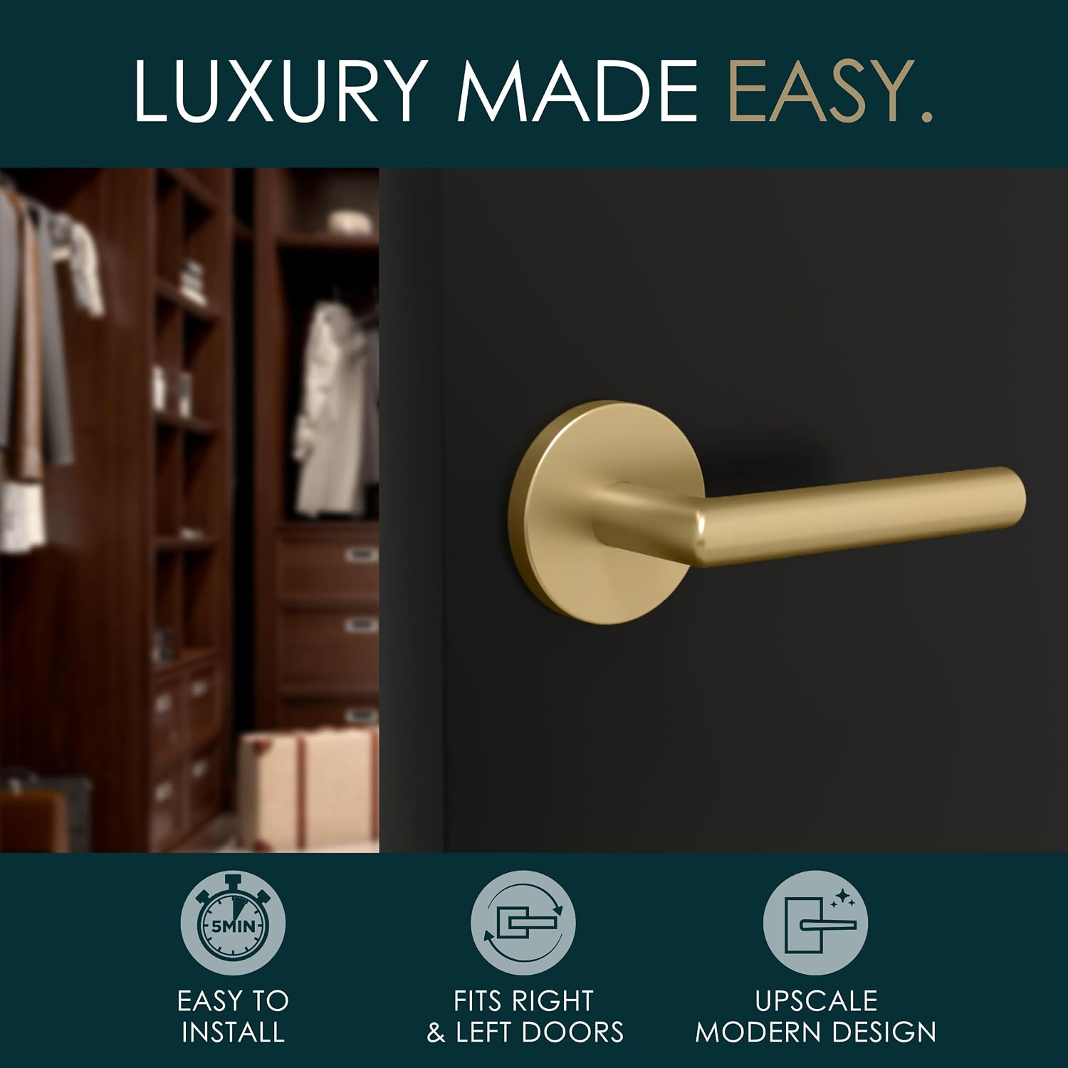 Mega Handles Ronn Dummy Lever Door Handle Set for Closet or French Doors, Single Side, Non-Turning Reversible Door Levers, Fits All Standard Door Sizes, Screws Included - Satin Brass (2 Pack)