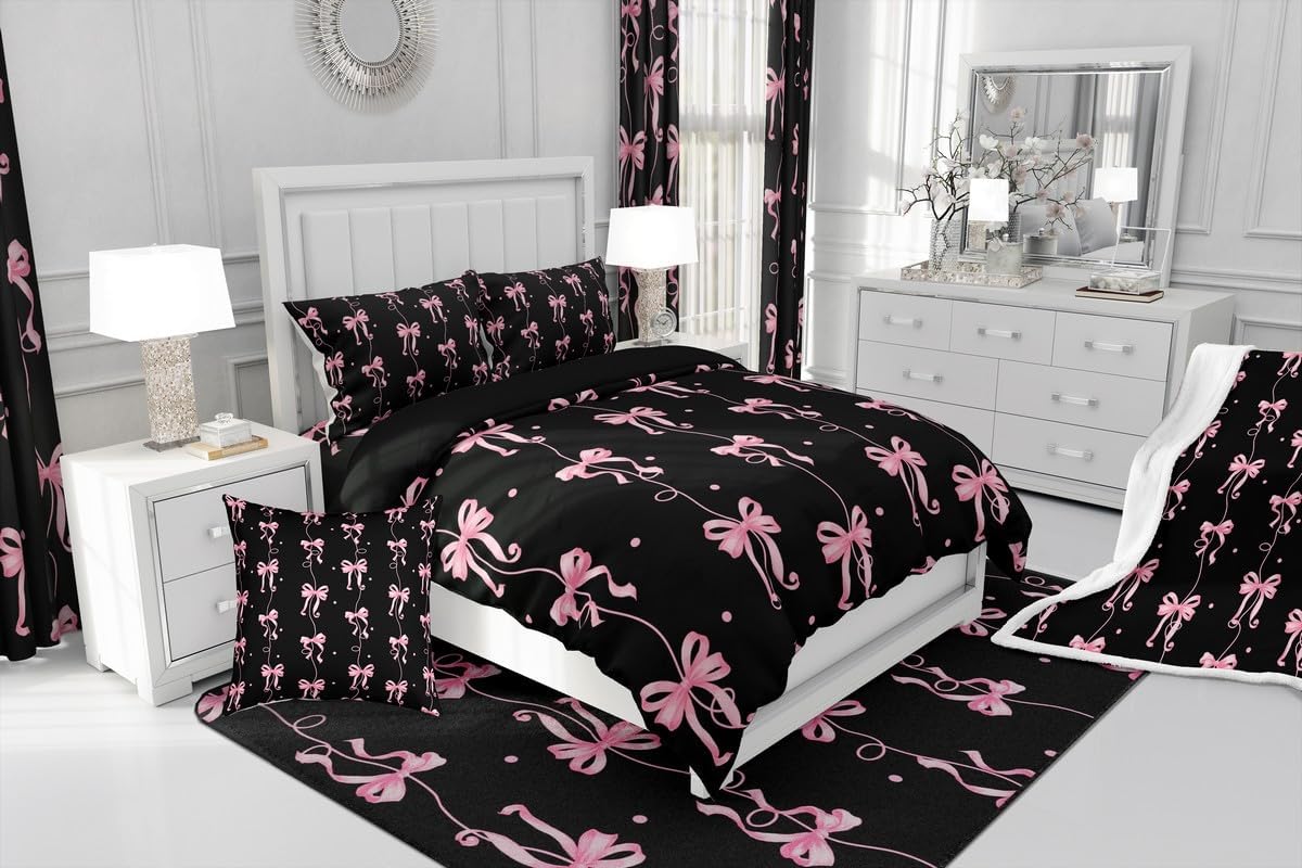 Feelyou Cute Bowknot Comforter Set All Season Coquette Bows Bedding Set with 1 Pillow Cases Pink Black Microfiber Kids Twin Bedclothes Dreamy Bow Bedroom Decor Duvet Quilt Breathable Soft Lightweight