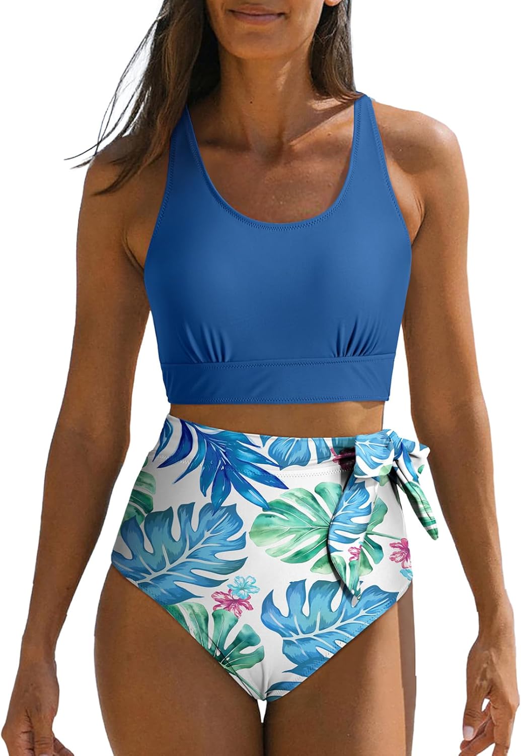 Dokotoo Womens 2 Piece Swimsuit Scoop Neck Sleeveless 2025 Racerback Top Tummy Control Tie Knot Bathing Suits Floral Bottoms
