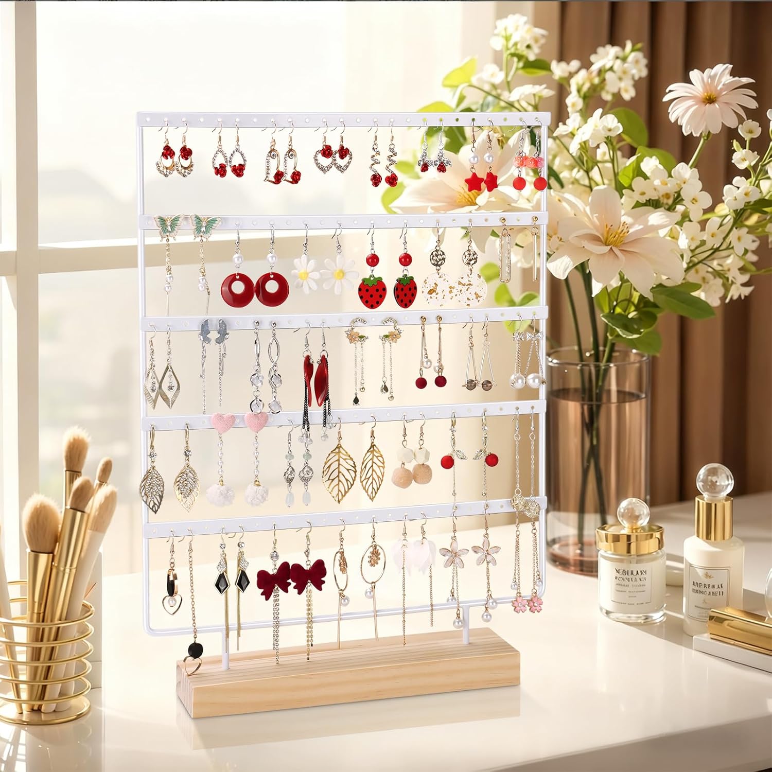 5 Tier 120 Hole Earring Holder Organizer, Rust Proof Metal and Wooden Base Jewelry Organizers and Storage for 60 Pairs of Earrings, Suitable for Home Storage and Sales Display - Image 9
