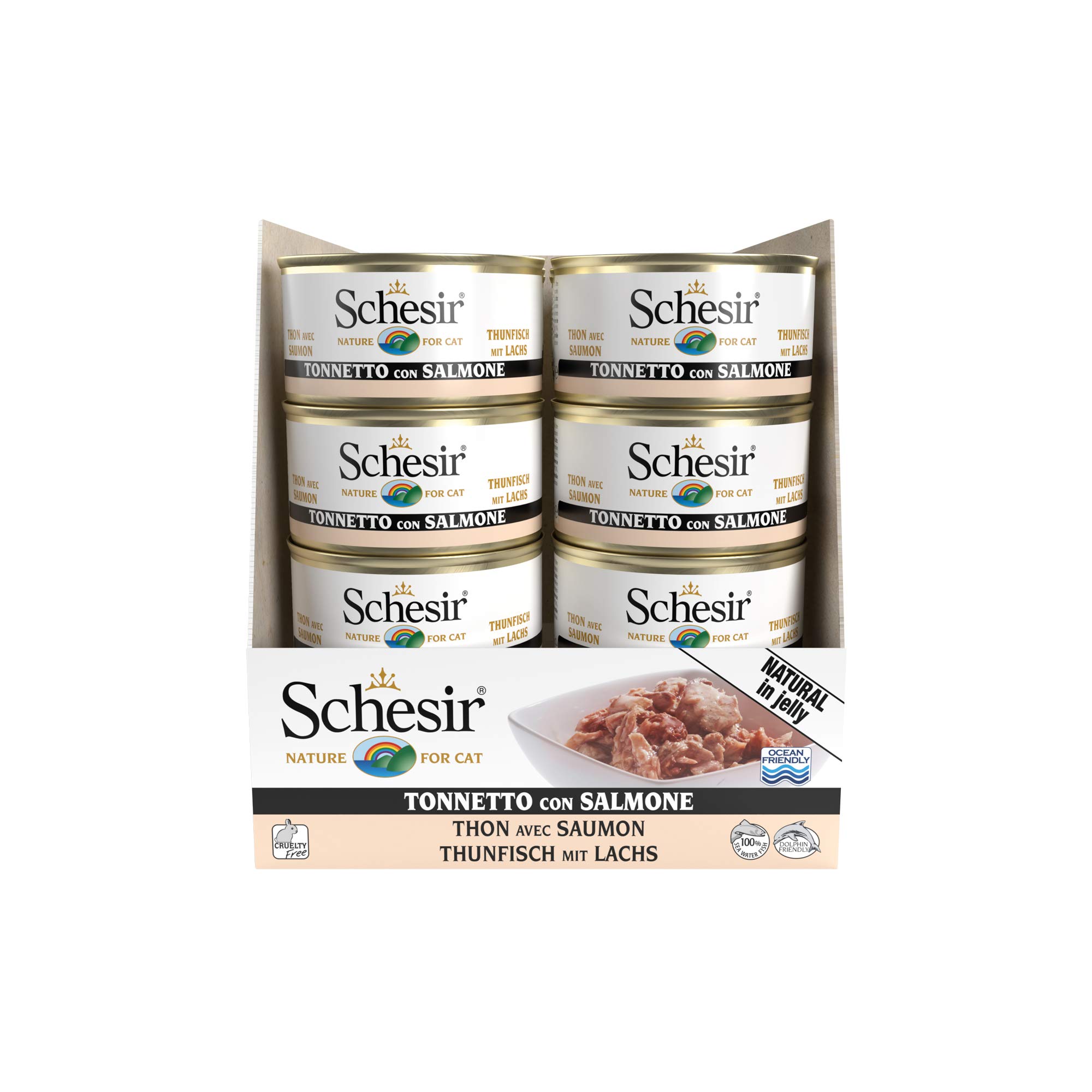 Schesir, Natvoer voor volwassen katten met smaak, tonijn met witte vis, filets van zachte gelei, in totaal 2,04 kg (24 blikjes à 85 g