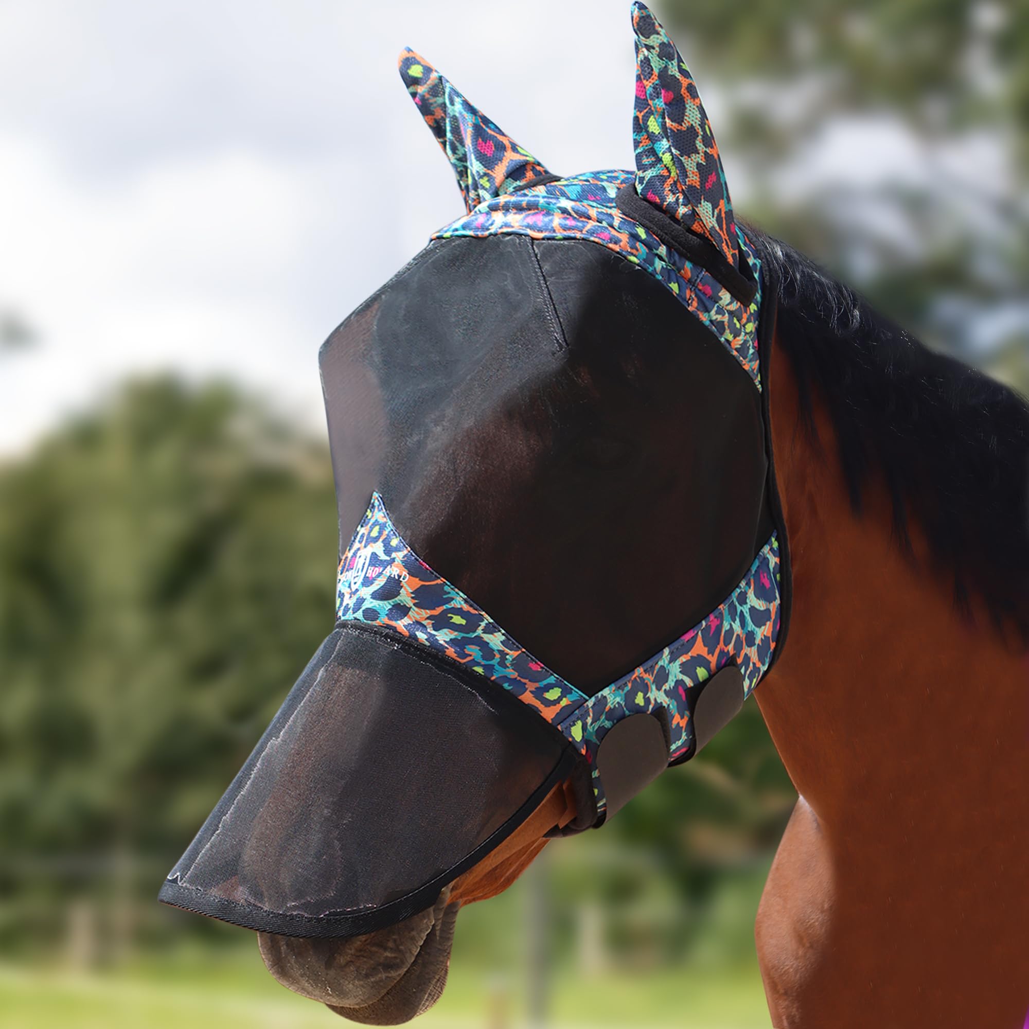 Harrison Howard Pro LumiVista Horse Full Face Fly Mask Large Eye Space Long Nose with Ears UV Protection for Horse Iridescent Prints L