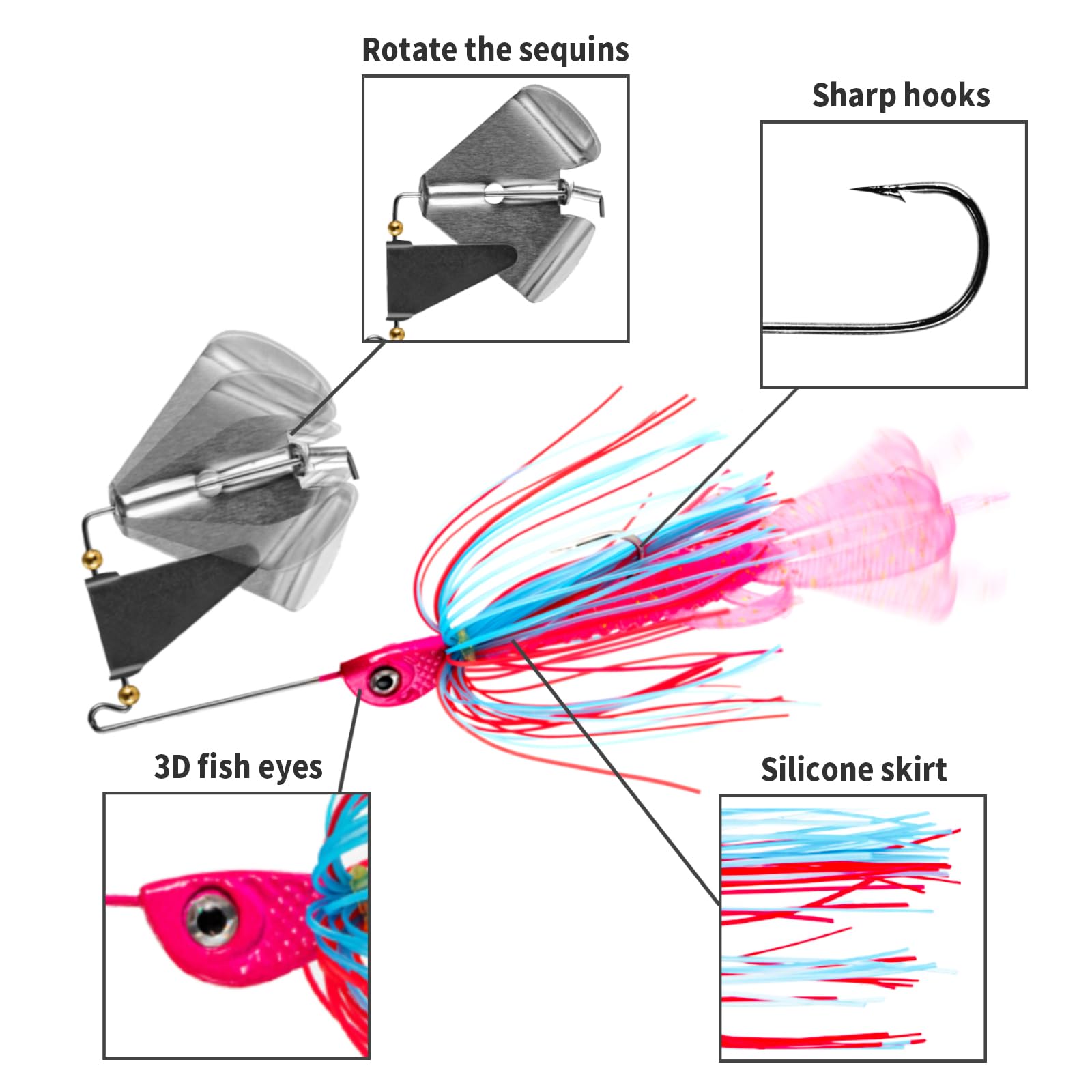 TOEWSN Spinner Baits for Bass Lures Popular 1/2 oz 5pcs Multi Colour Buzz Bait for bass Fishing Top Water Bass Lures Spinning Jigs Heads+10pcs Random Colors Rage Bug Style Beaver Creature Bait, Small