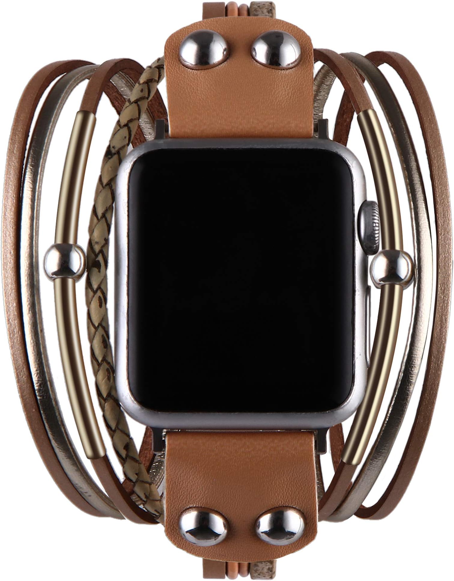 Multi-Layer Leather Wrap Bracelet Compatible with Apple Watch Ultra SE 8 7 6 5 4 3 38mm 40mm 41mm 42mm 44mm 45mm 49mm for Women Mens, Boho Stylish Cuff Bangle Watch Strap for Iwatch Bands