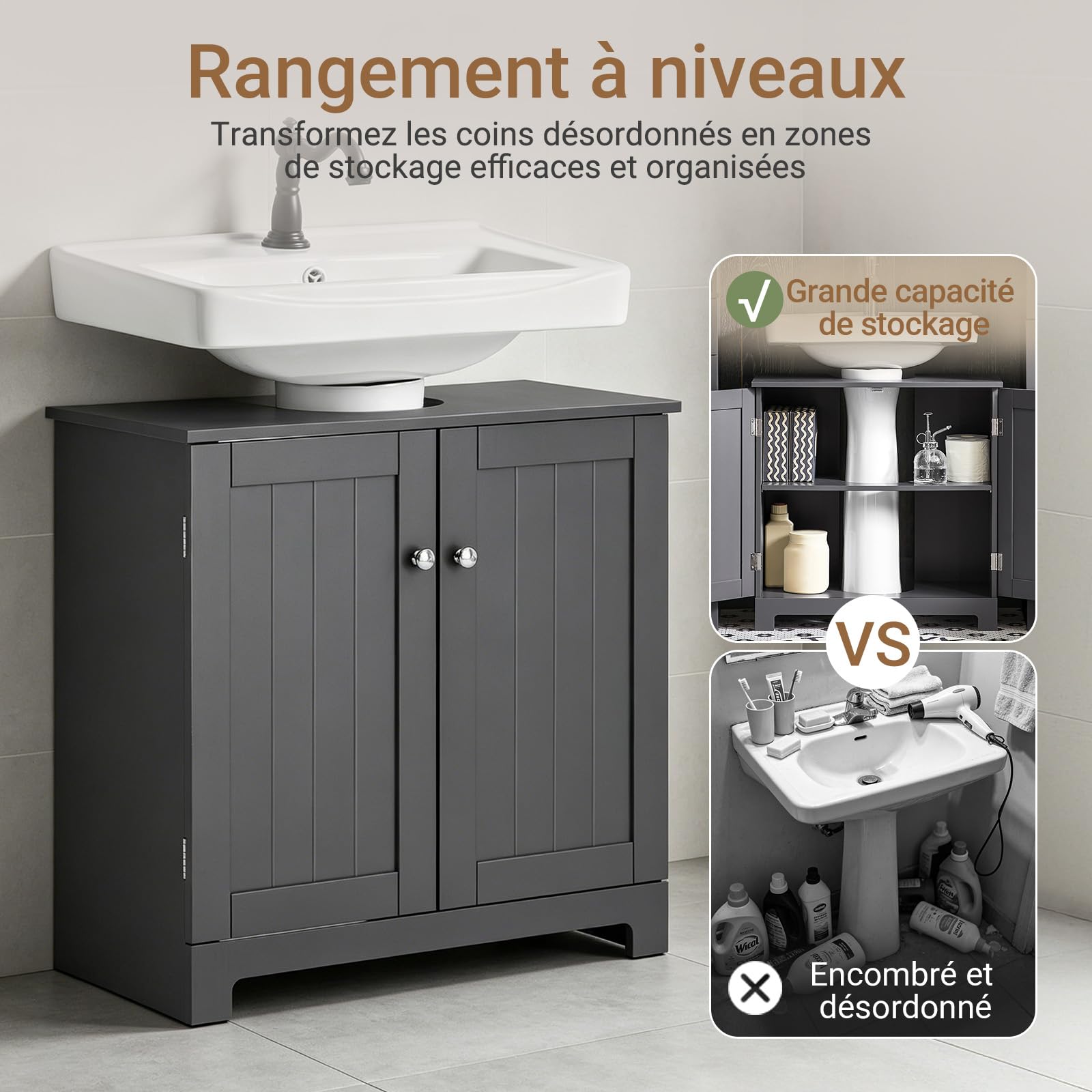 SoBuy Meuble sous Lavabo Salle de Bain – Meuble sous Vasque avec Portes et Étagère Réglable – Compatible avec Lavabo Colonne – Meuble de Rangement Compact en MDF, Gris Foncé, 60x60x29cm, BZR18-II-DG
