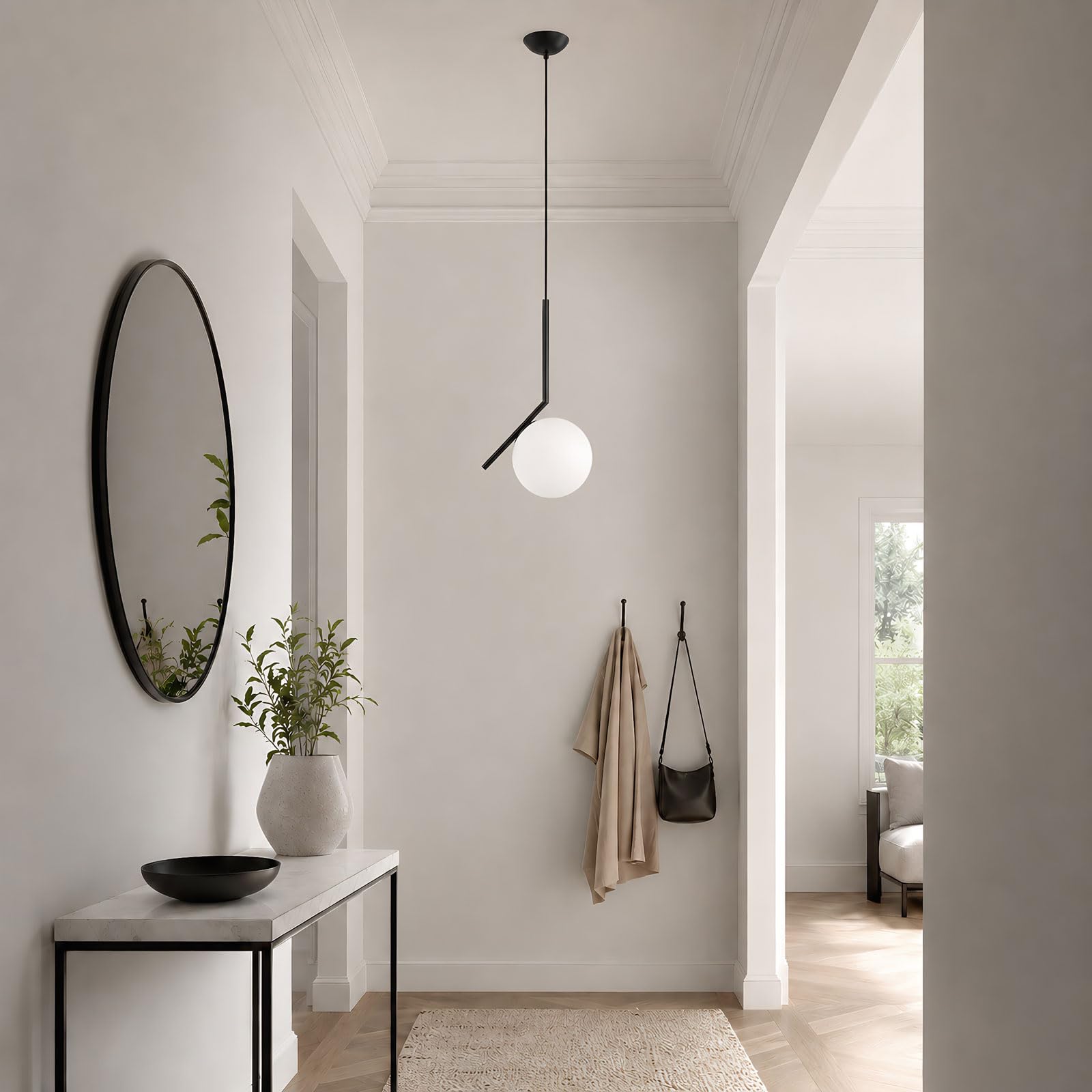 Lámpara Colgante Moderna de Vidrio Globo de Vidrio Opalino Acabado Metálico E27 Hanging Light Cable Ajustable 120cm para Isla de Cocina Comedor Dormitorio Cafetería (Negro, 20cm)