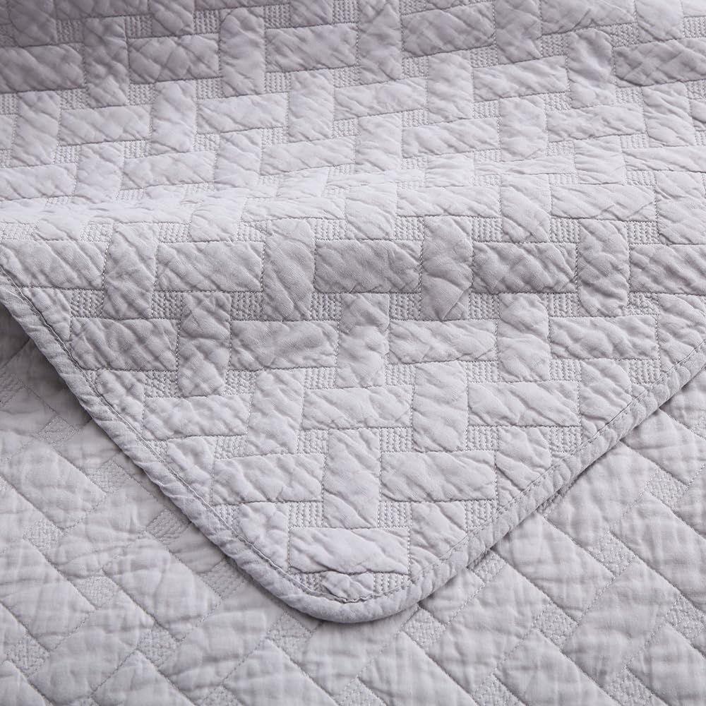 Cotton King Quilt Bedding Sets, 3 Pieces Reversible Lightweight Coverlets Comforters Bedspreads for All Seasons,Weave Stitching Pattern, Grey - Image 7