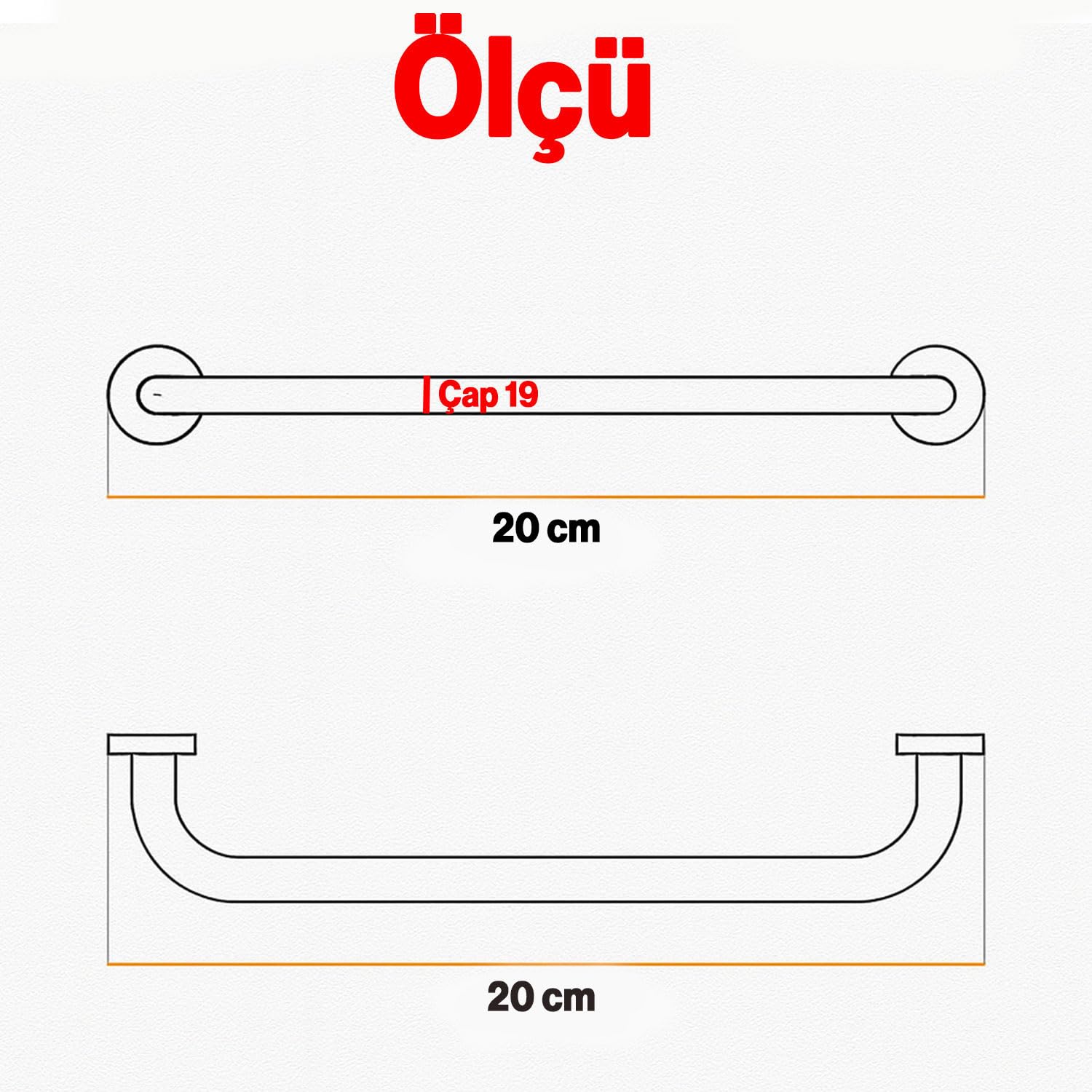 Tutunma Barı 19 Çap 20 cm Paslanmaz Çelik Krom Duvar Tipi Banyo Tuvalet Destek Barı Tutma Aparatı