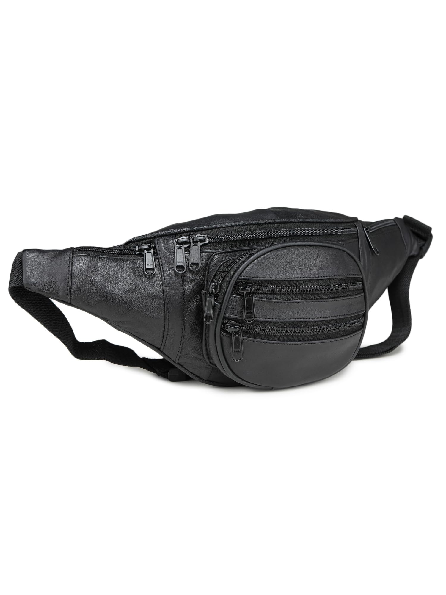 K London Stylish Real Leather Black Waist Bag for Men & Women | Multi-Pocket Travel Fanny Pack with Adjustable Strap | Stylish Black Waist Pouch for Travel, Hiking, Outdoor & Daily Use