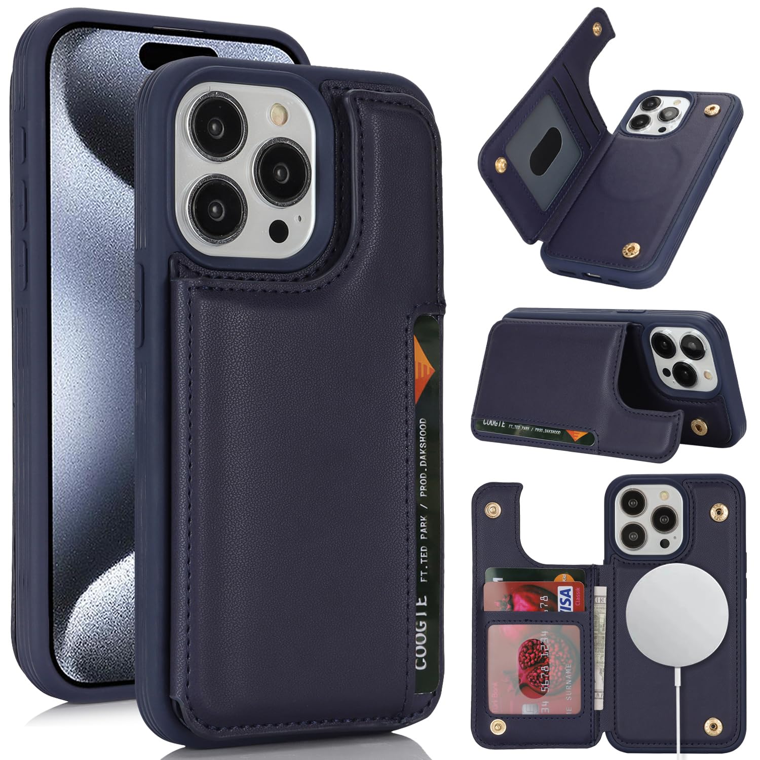 Magnetische Leder-Handyhülle Für IPhone 15 Pro, Marineblau – Mit Kartenfach, Ständerfunktion & RFID-Schutz