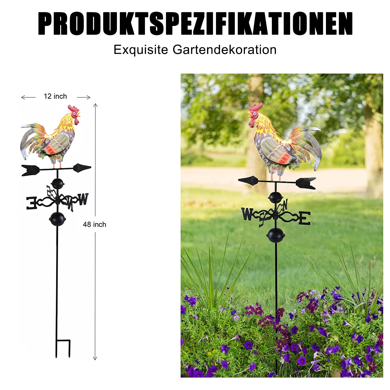 Coq Girouette, Girouette en Fonte, 35×130cm, Wind Direction Indicator pour Jardin Extérieur