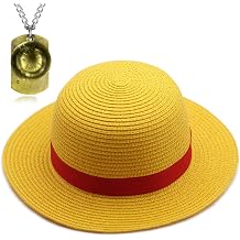 TFYU Straw Hat Luffy Summer Outdoor Travel Hat Cosplay Skeleton Necklace Anime Jewelry 2pcs