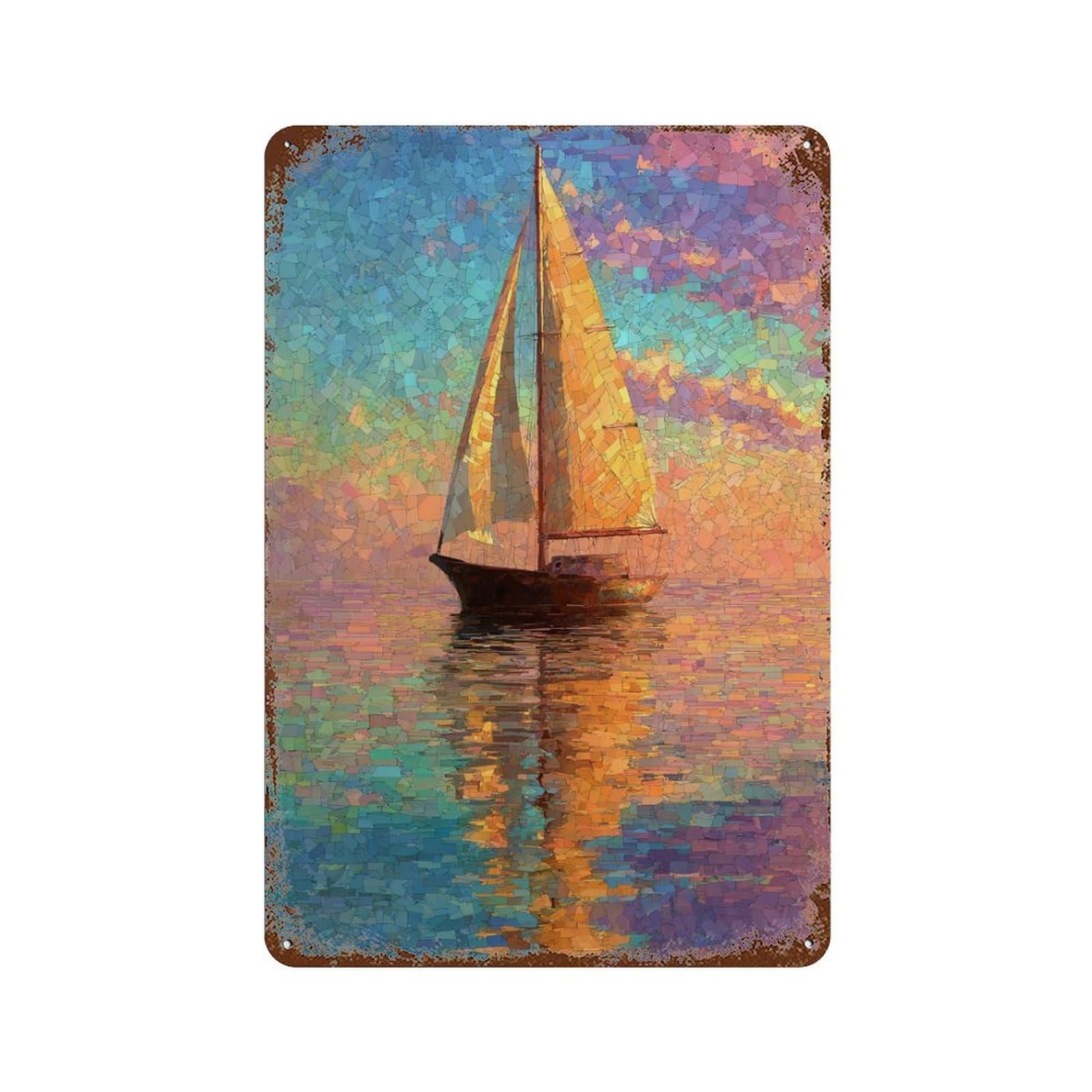 Boat Sunset Ocean Painting Distressed Metal Wall Sign 11.8"x7.9", Rustic Home Decor for Living Room, Hallway And Home Decor