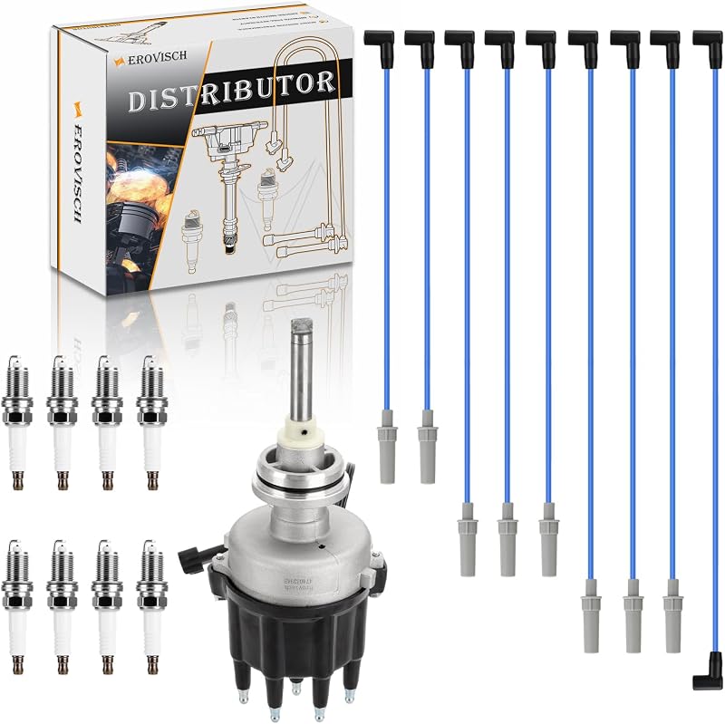Distribuidor de ignição Erovisch com tampa, rotor, velas de irídio e cabos para Dodge – Kit 84-3801