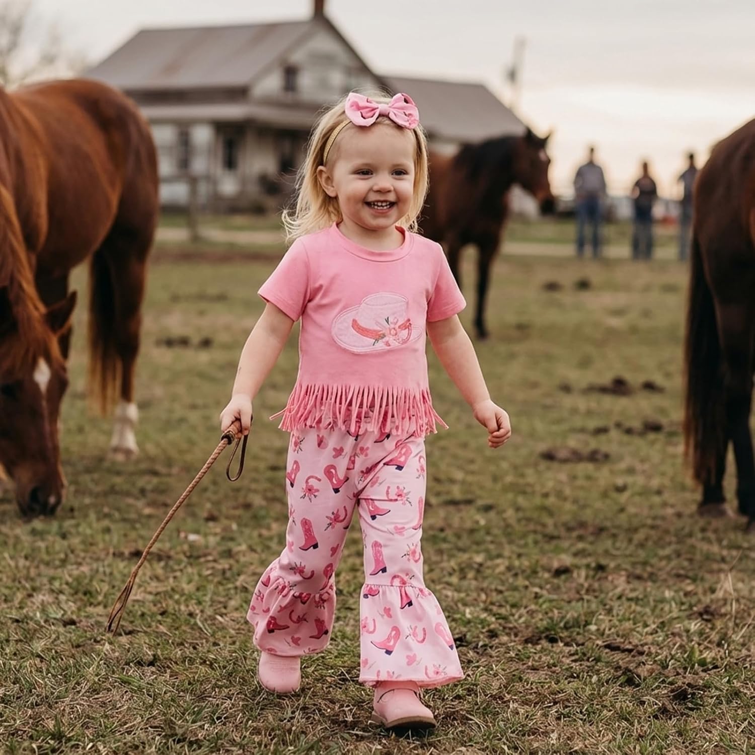 ​Toddler Western Baby Girl Summer Clothes Pink Cowgirl Tassel Shirt Flare Pants Bow 1st Rodeo Birthday Bell Bottoms