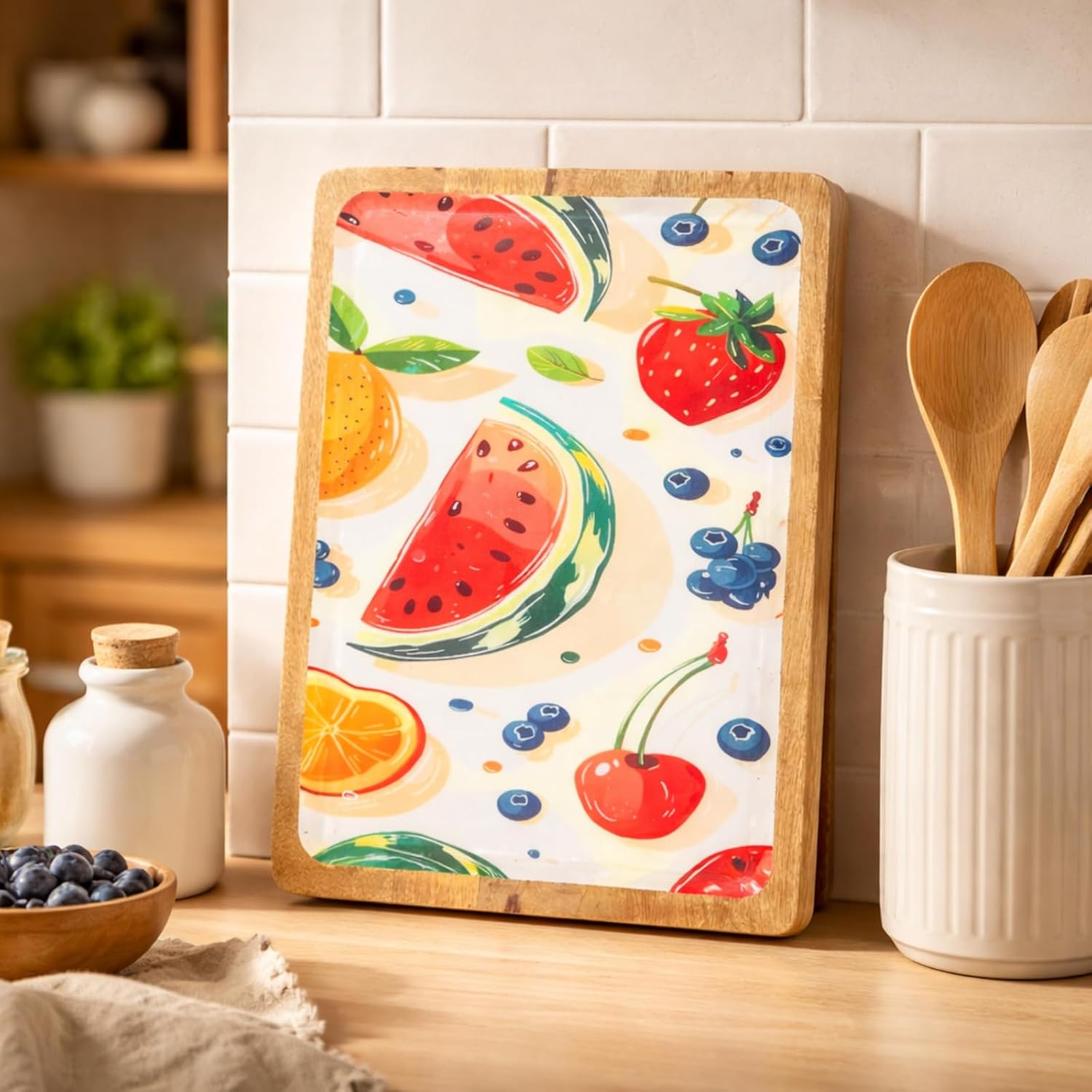 SS CRAFTS INDIA Premium Mango Wood Serving Board – 12x18 Inch Wooden Platter with Fruit Designer Print & Food-Safe Enamel Coating – Luxury Charcuterie Tray for Home, Cafe & Gifting