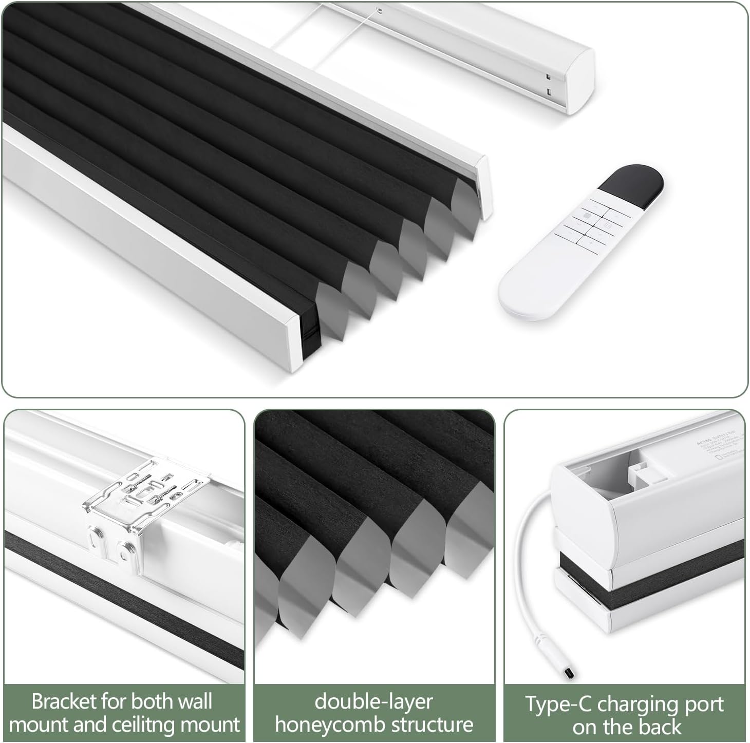 Zshine Top Down Bottom Up Motorized Honeycomb Blinds Customized Cellular Shades Thermal Insulated Blinds for Home Windows Office (45mm Blackout 93024E)