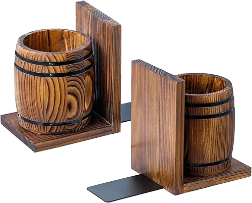 MyGift Sujetalibros rústico de madera maciza marrón quemado con diseño de barril de vino, extremos de libros de escritorio de oficina y soportes
