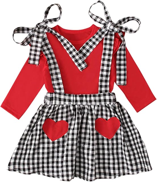 6 meses a 4 anos, saia para meninas, blusa com babados + saia xadrez suspensório, conjuntos de dia dos namorados