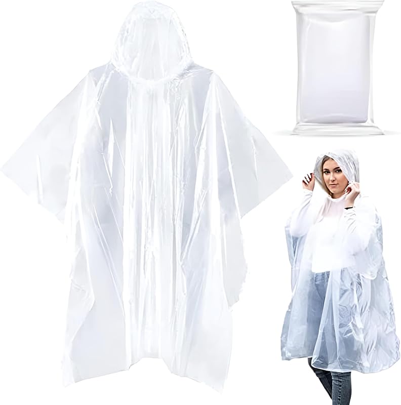 Noe & Malu Ponchos de lluvia de emergencia con capucha para adultos, transparente, paquete de 20 | PE impermeable de 0,035 mm resistente a desgarros; Cada poncho está envuelto individualmente para conciertos, festivales y parques de atracciones.