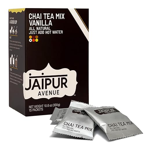 Vista 38 de Jaipur Avenue Mezcla de té Safron Chai hecha con té negro Assam totalmente natural, safrán, azúcar de caña y leche seca de primera calidad, sin