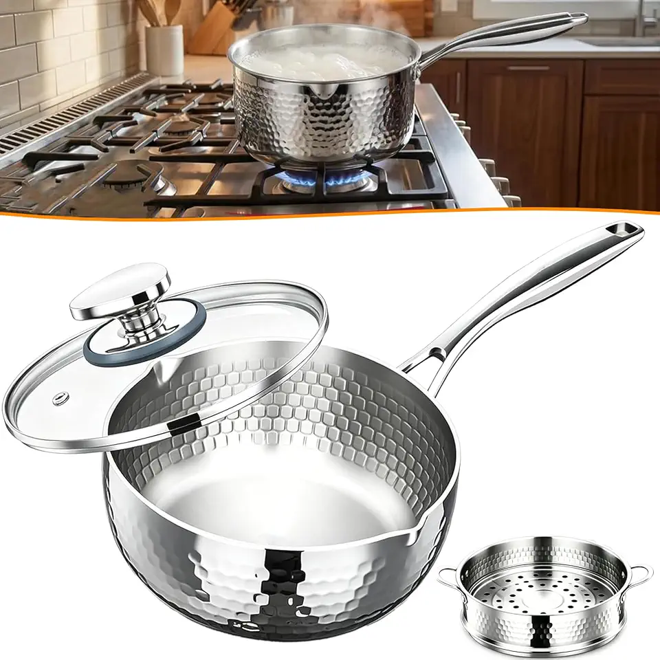 Panela de titânio puro com tampa, panela de titânio antiaderente sem revestimento, panela martelada de titânio Pro com vaporizador, compatível com fogões elétricos a gás de indução com todos os 22 cm