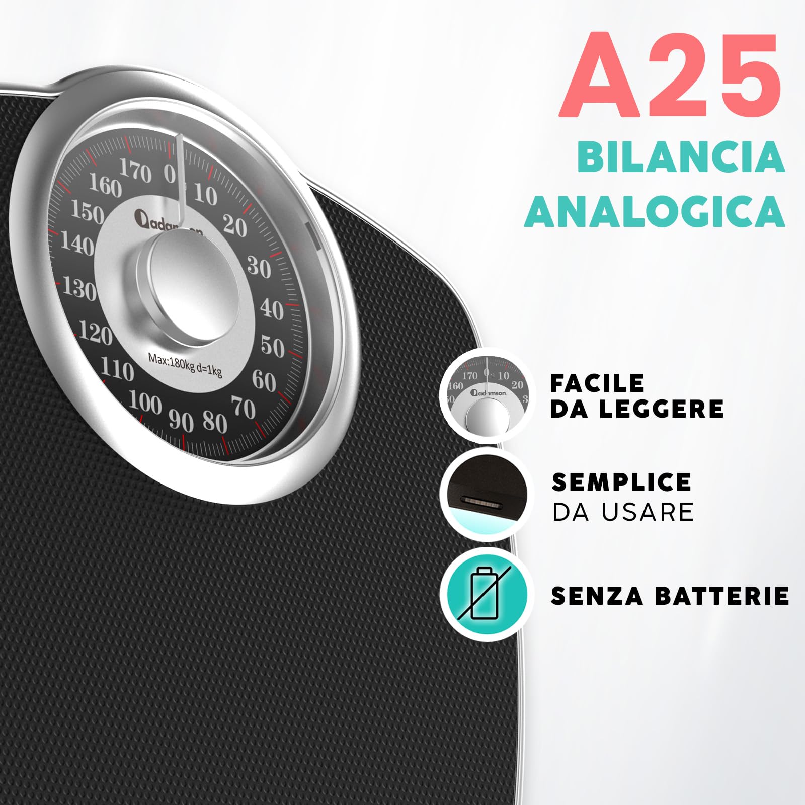 Adamson A25 Bilancia per Peso Corporeo - Fino a 180 KG - Quadrante Da 5,3” su Piattaforma 31x30cm - Superficie in Gomma Antiscivolo - Bilancia Da Bagno Analogica - 20 Anni di Garanzia - Argento