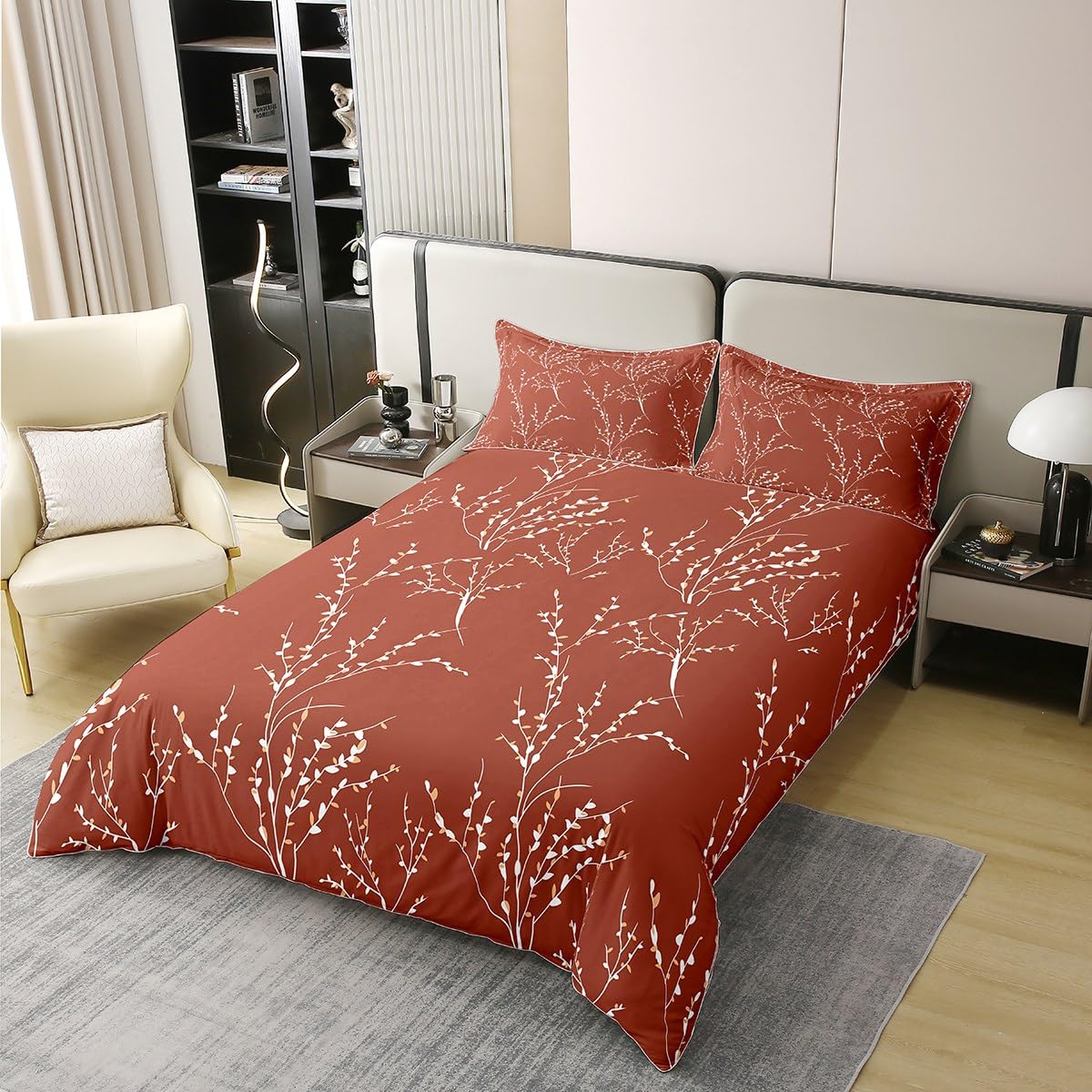 Terracotta Branches Parure de Lit Housse de Couette 100% Coton Ensemble Réversible Fleur Plum Blossom Ensemble de literie Coton Décor Leaf Housse de Couette 140x200cm Parure de Lit