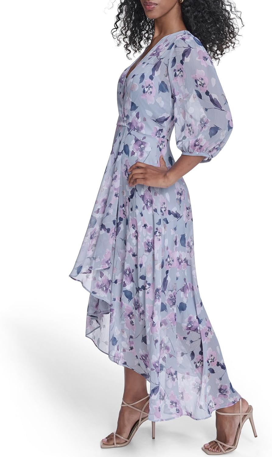 Calvin Klein Women's 3/4 Balloon Sleeve V-Neck Belted Wrap Midi Dress