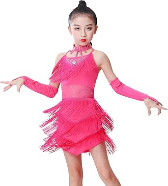 AFAVOM Sequin Tassel Latin Dance Dress for Girls Fringe Figure Skating Dresses Ballroom Dancewear with Gloves Choker Shorts
