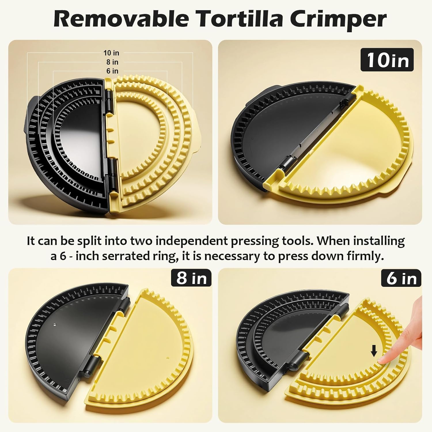 Sigillante per tortilla 3 in 1 (25,4 + 20,5 + 15,2 cm) rimovibile per tortilla, design a dente di squalo, lavabile in lavastoviglie, adatto per burritos, pancake, gnocchi (giallo nero)
