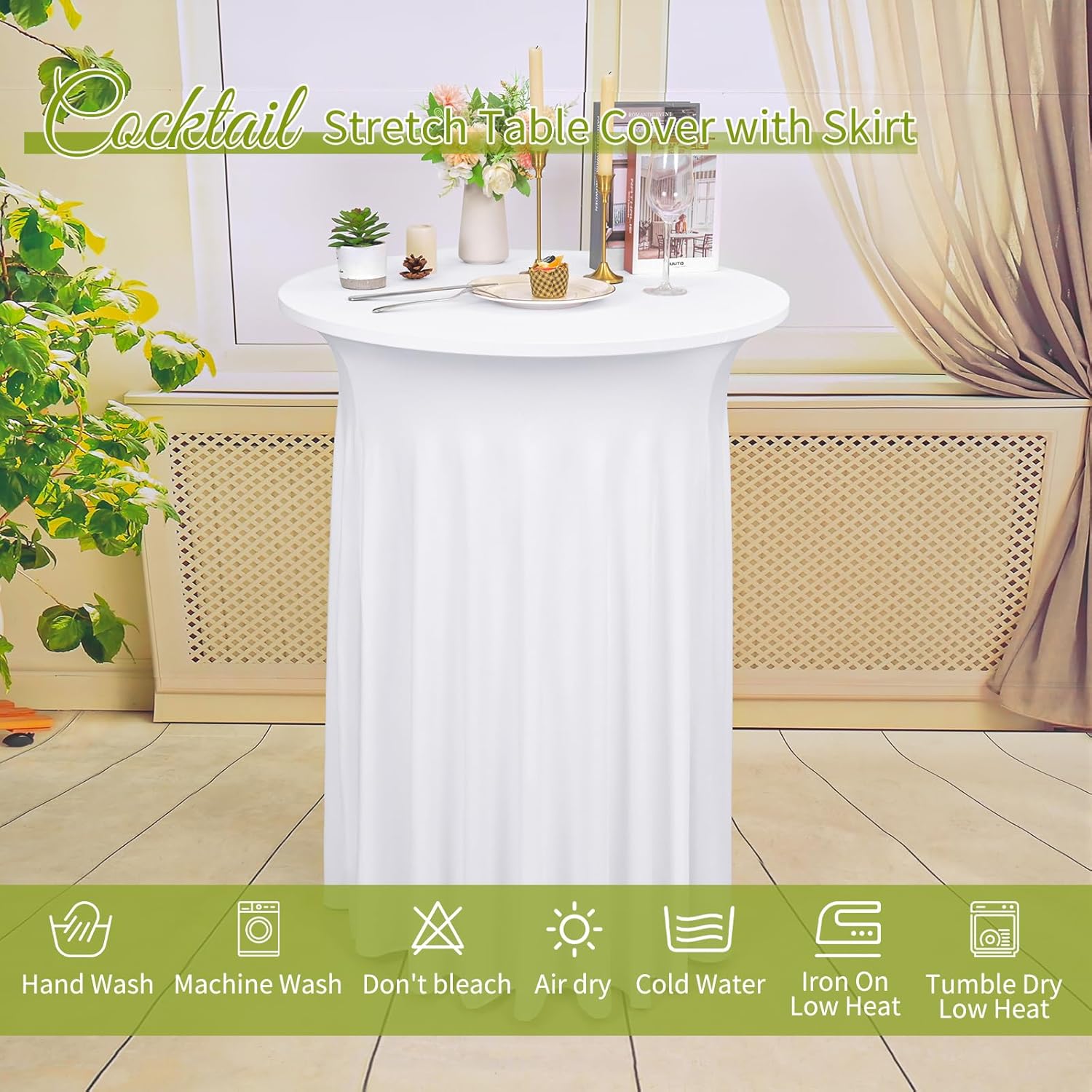 8 Pack Round Cocktail Table Skirt 32"x 43" White Spandex Fabric Tablecloth with Wavy Drapes Stretch Washable Cocktail Table Skirt Fitted High Top Table Covers for Wedding Birthday Party Banquet