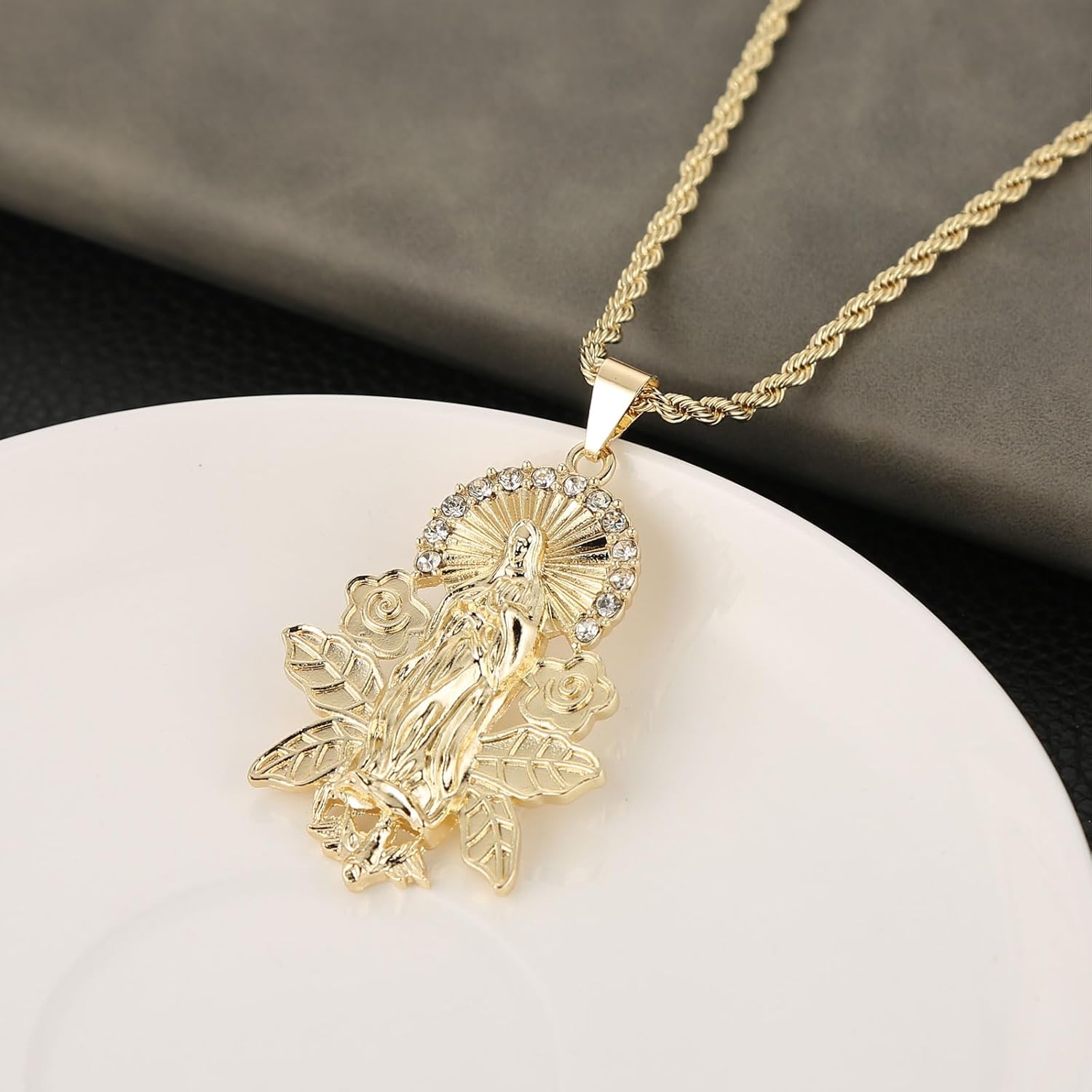 HZMAN 14K Gold Plated Virgin Mary Necklace for Women Retro Christian Our Lady of Guadalupe Pendant Necklace Protection Jewelry Gift - Image 4