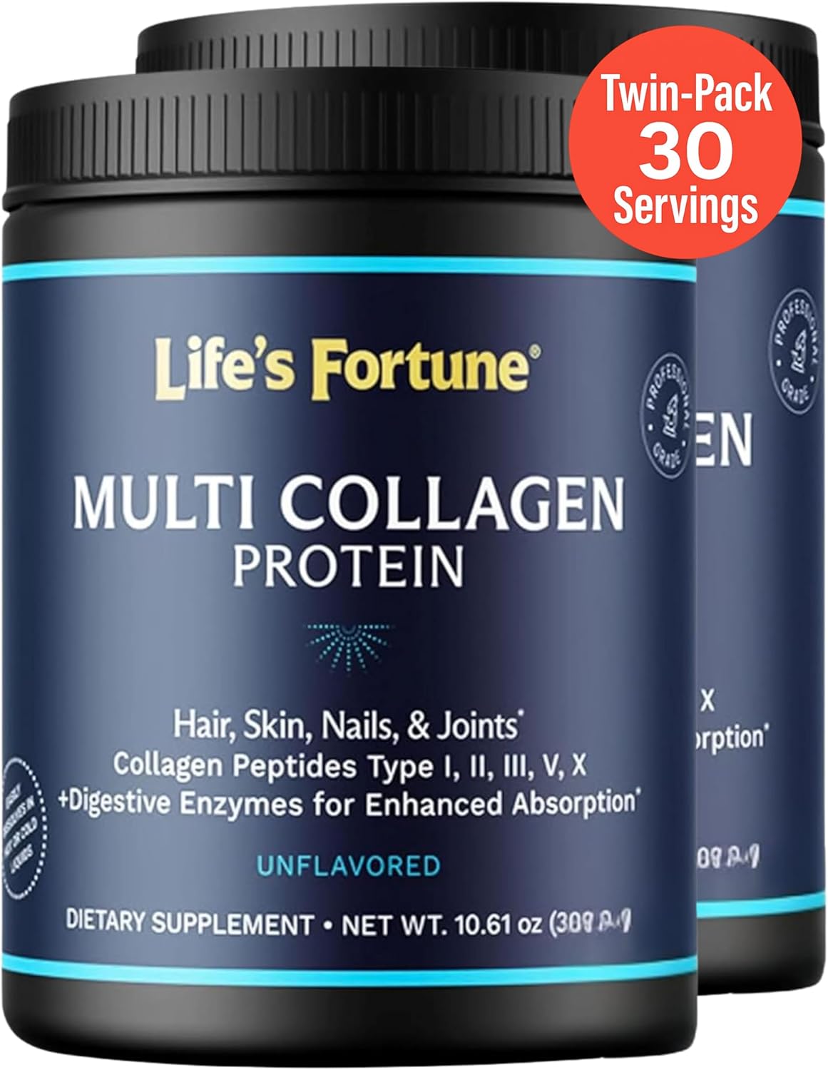 Life's Fortune Multi Collagen Peptides Powder Drink Plus, for Women & Men - Type I, II, III, V, X, Blend with Digestive Enzyme – for Skin, Hair, Nails, Joints Health, Unflavored, 30 Servings