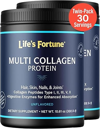 Miniatura 7 de Life's Fortune Multi Collagen Peptides Powder Drink Plus, para mujeres y hombres, tipo I, II, III, V, X, mezcla con enzima digestiva, para piel