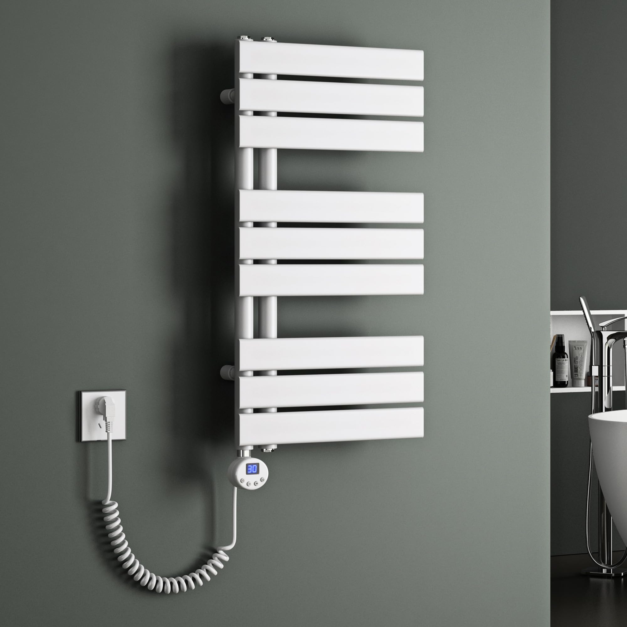 Mai & Mai Radiador ElĆ©ctrico de BaƱo 76x40 cm ā Blanco, 600W, Toallero Calentador de Toallas, Relleno de Agua, Conexión Lateral