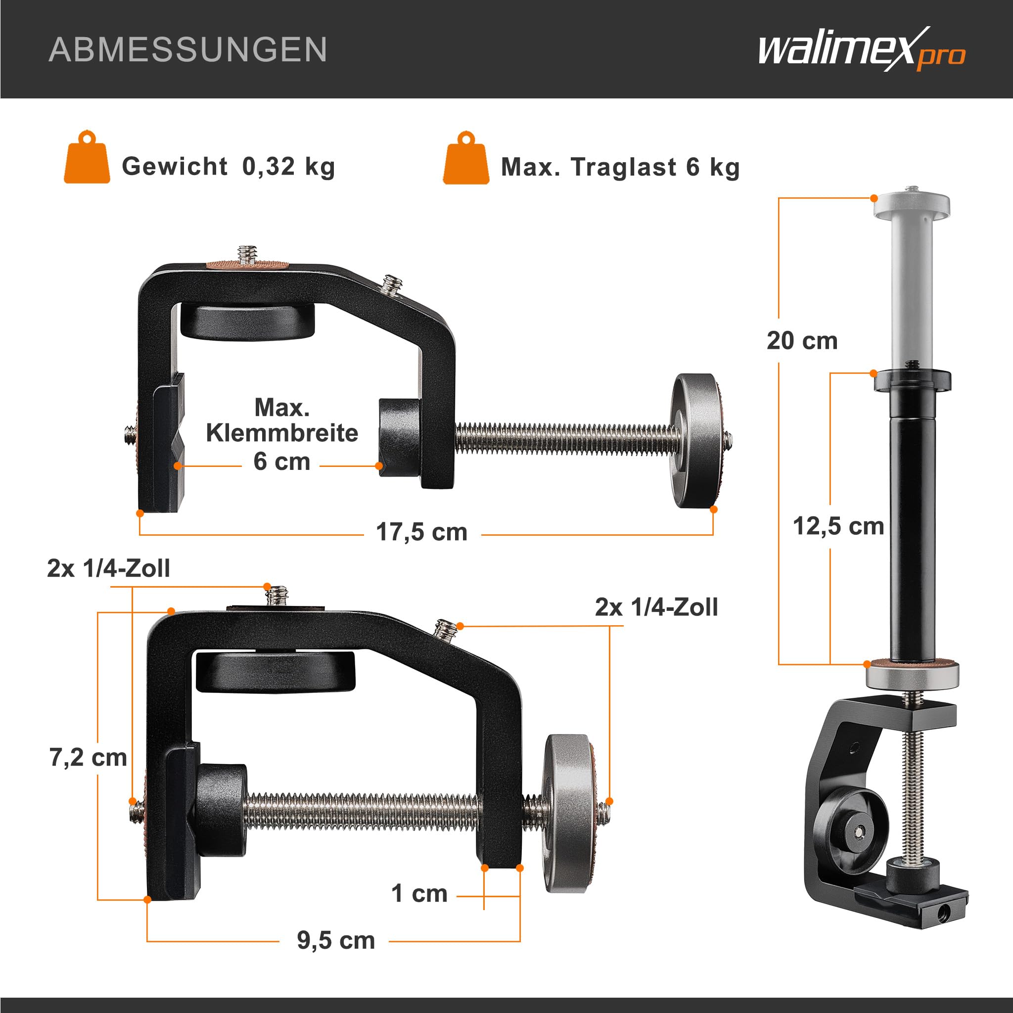 Walimex pro KX-20 Stativ Klemme – Klemmstativ, Blitzklemme, Aluminium, mit ausziehbarer Mittelsäule 12,5-20 cm, für Kamera, LED Leuchten, Halterung für Stativ, Rohr, Platte, Tisch