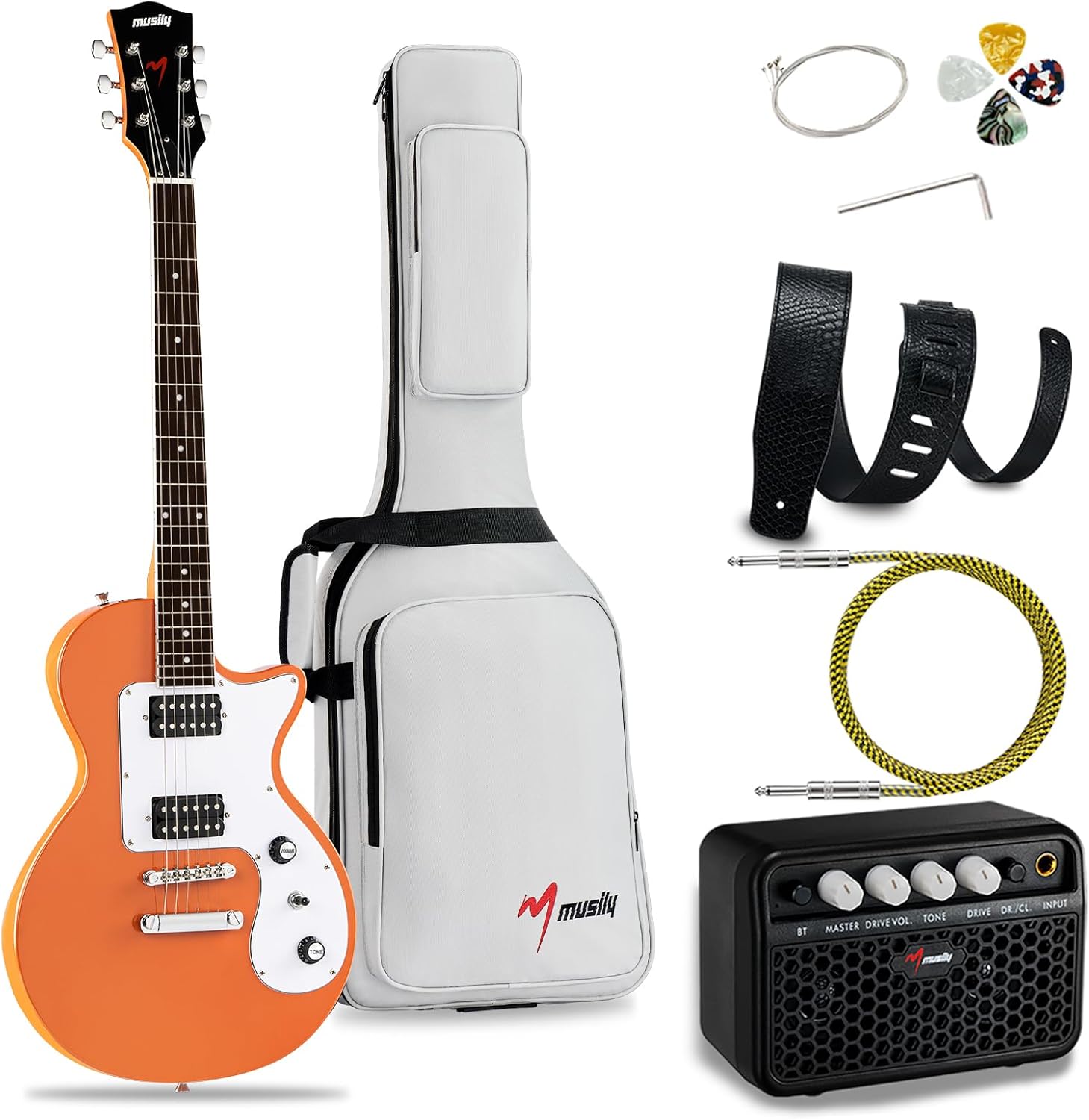 39 Inch Electric Guitar Kit, Beginner Full Size Solid Body Electric Guitar With HH Pickups, Gig Bag, Amplifier, Strap, Cable, Picks, String (Orange)